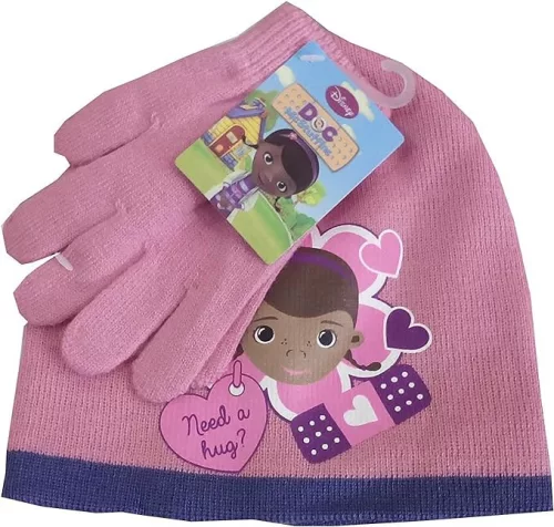 Disney Dr Plüssi Hug Pink gyerek sapka + kesztyű szett 52 cm