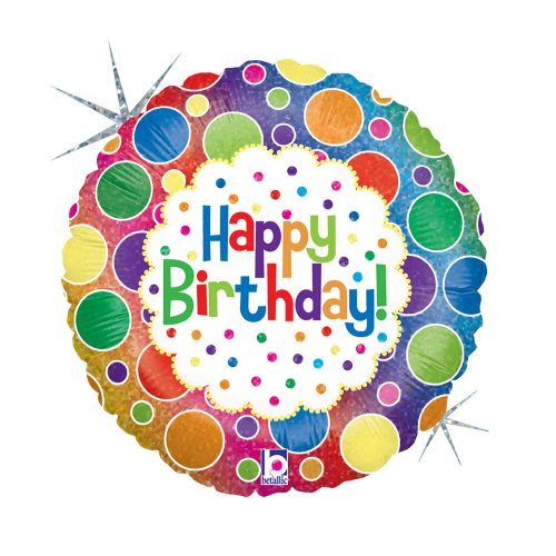 Happy Birthday Rainbow Dots Holo fólia lufi 46 cm