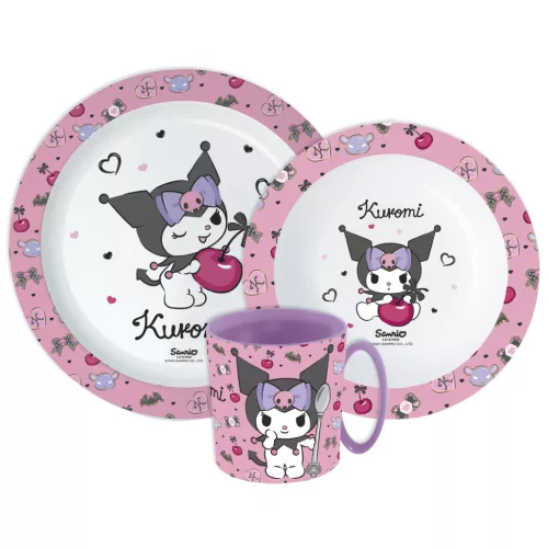 Hello Kitty Kuromi étkészlet, micro műanyag szett bögrével 390 ml 
