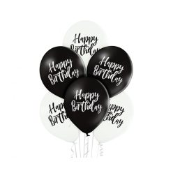   Black White Happy Birthday léggömb, lufi 6 db-os 12 inch (30cm)