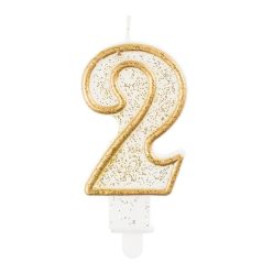 Arany csillámos 2-es Gold számgyertya, tortagyertya