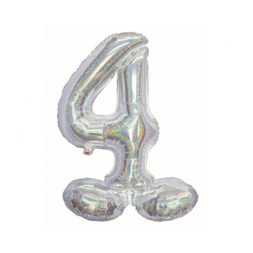 Holographic Silver, Ezüst 4-es szám fólia lufi talppal 72 cm