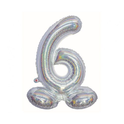 Holographic Silver, Ezüst 6-os szám fólia lufi talppal 72 cm