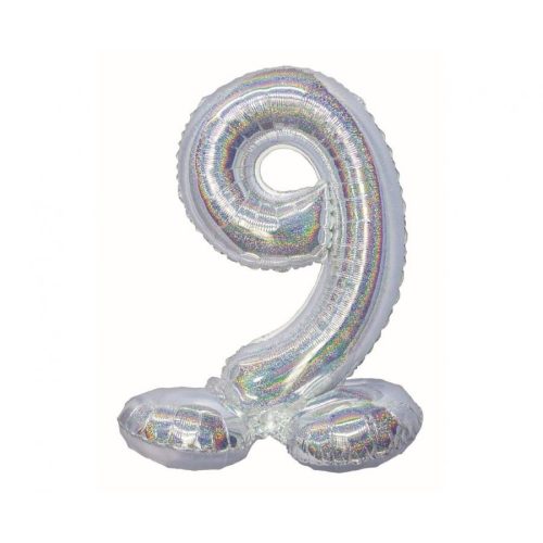 Holographic Silver, Ezüst 9-es szám fólia lufi talppal 72 cm