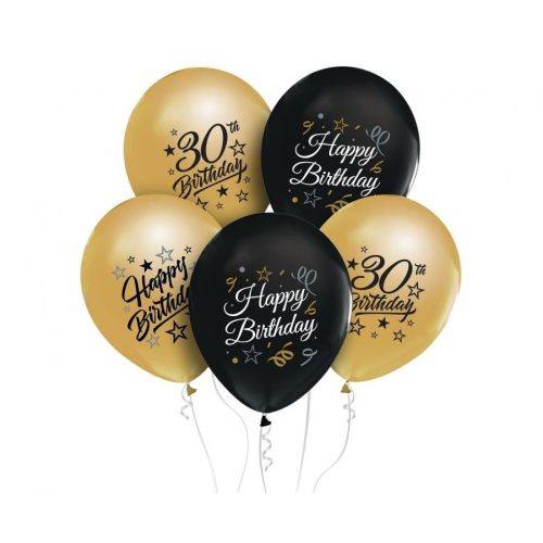 Színes Happy Birthday 30 Gold-Black léggömb, lufi 5 db-os 12 inch (30 cm)
