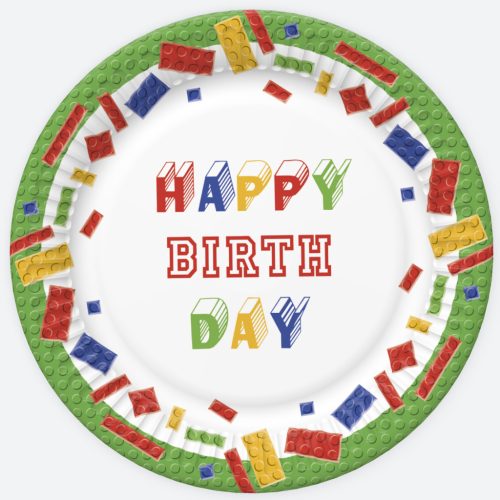 Happy Birthday Building Blocks papírtányér 8 db-os 18 cm