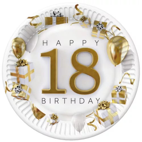 Happy Birthday 18 Gold Motifs papírtányér 8 db-os 18 cm