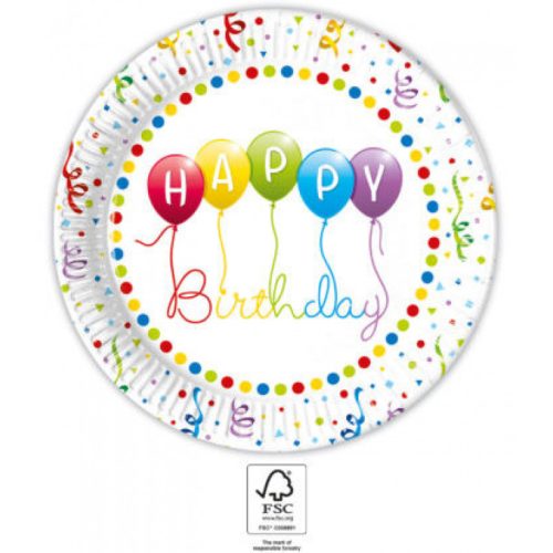 Happy Birthday Streamers papírtányér 8 db-os 23 cm FSC